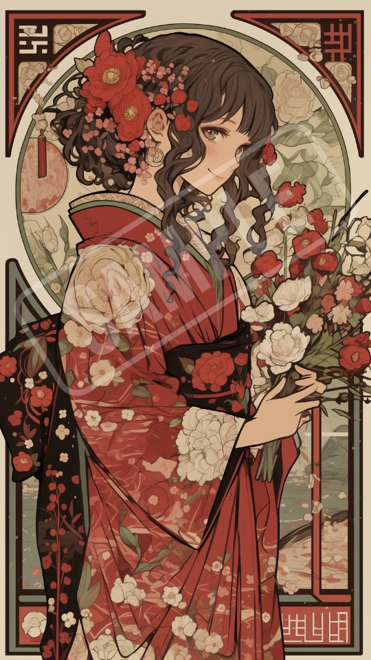 大正ロマン × アールヌーボー風 女の子スマホ壁紙 6枚セット Taisho Romantic × Art Nouveau Style Wallpaper, 6 PNG