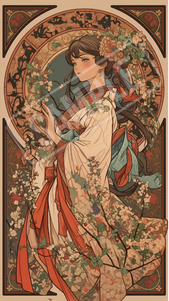 大正ロマン × アールヌーボー風 女の子スマホ壁紙 6枚セット Taisho Romantic × Art Nouveau Style Wallpaper, 6 PNG