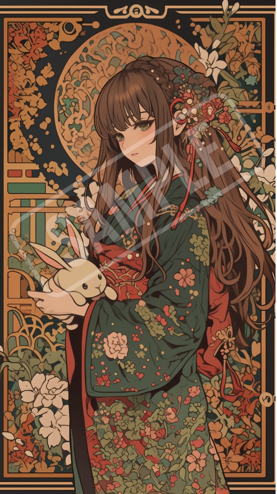 大正ロマン × アールヌーボー風 女の子スマホ壁紙 6枚セット Taisho Romantic × Art Nouveau Style Wallpaper, 6 PNG