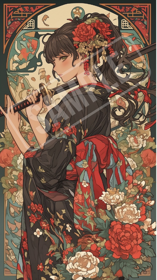大正ロマン × アールヌーボー風 女の子スマホ壁紙 6枚セット Taisho Romantic × Art Nouveau Style Wallpaper, 6 PNG