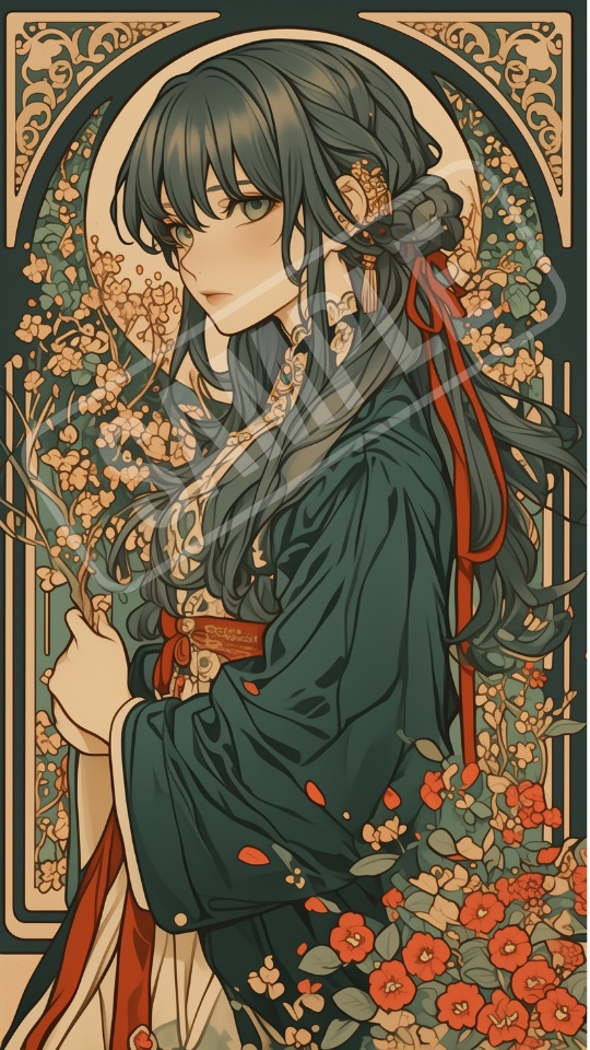 大正ロマン × アールヌーボー風 女の子スマホ壁紙 6枚セット Taisho Romantic × Art Nouveau Style Wallpaper, 6 PNG