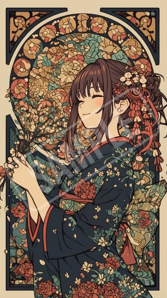 大正ロマン × アールヌーボー風 女の子スマホ壁紙 6枚セット Taisho Romantic × Art Nouveau Style Wallpaper, 6 PNG