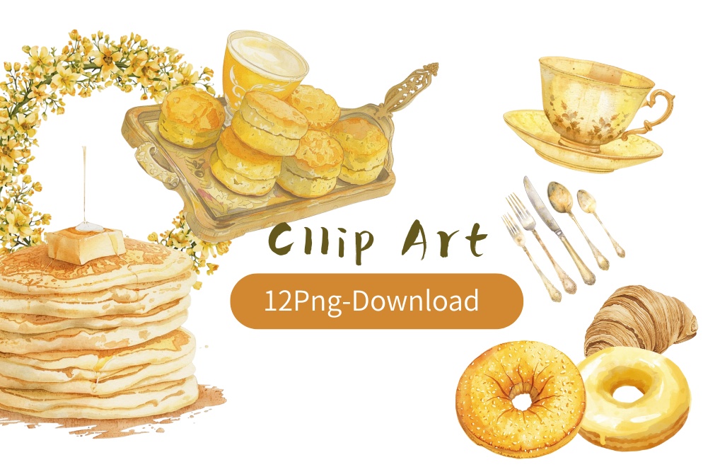 「やさしい黄色のアンティークカフェ|水彩クリップアート12種セット」