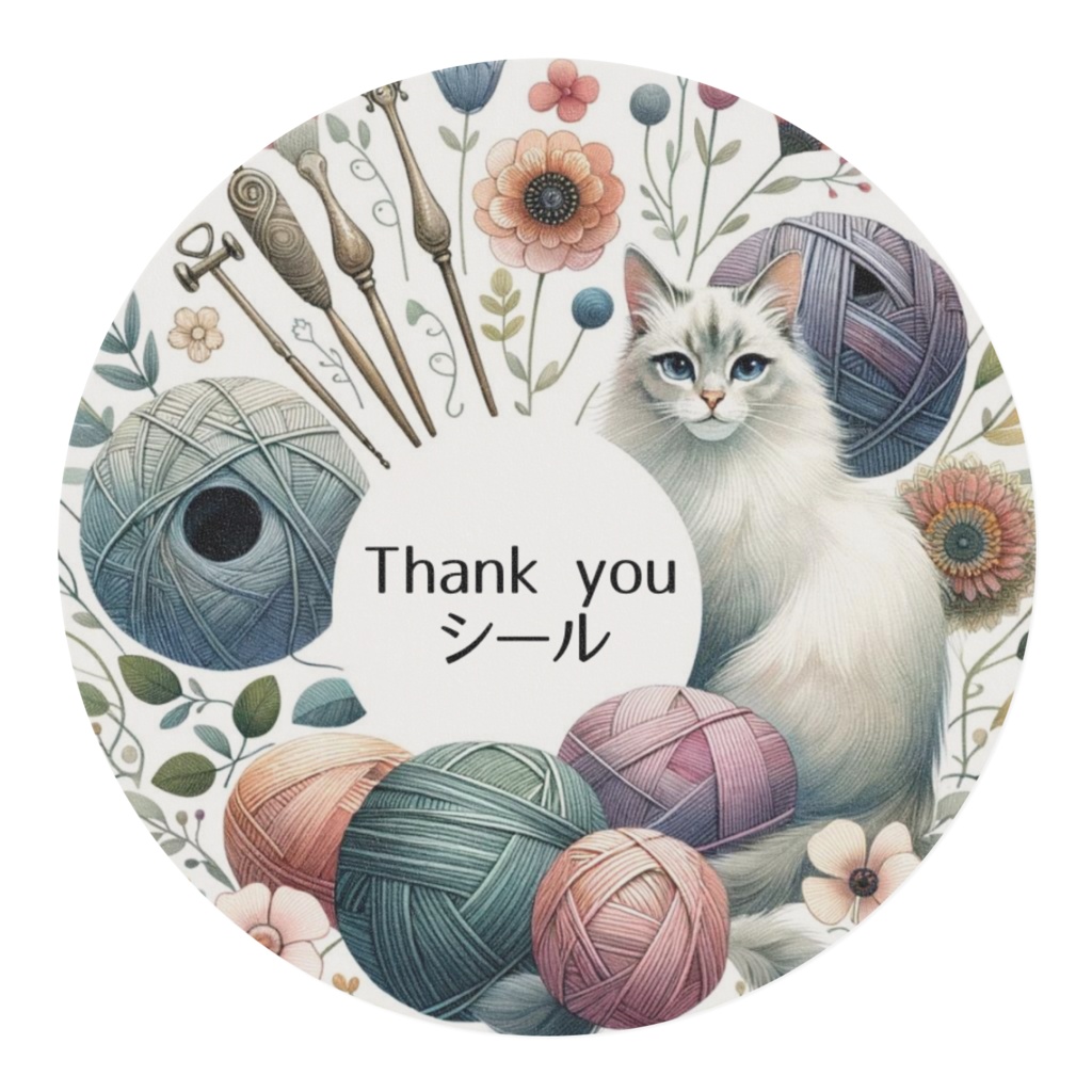 花と毛糸と猫のThank youシール