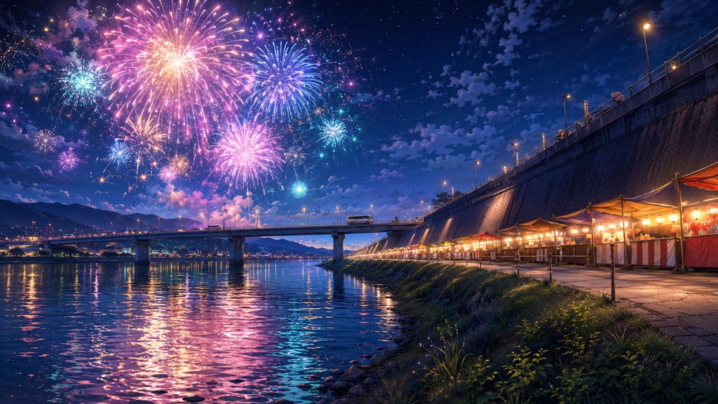 河川敷夏祭り・花火大会|VTuber配信背景【無料配布】