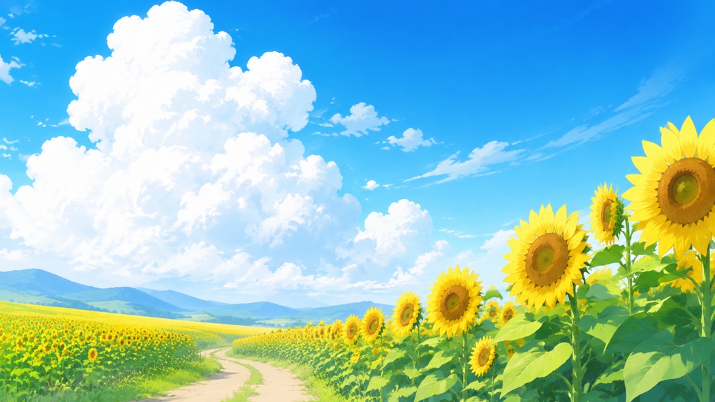 ひまわり畑と大きな入道雲|VTuber配信背景【無料配布】