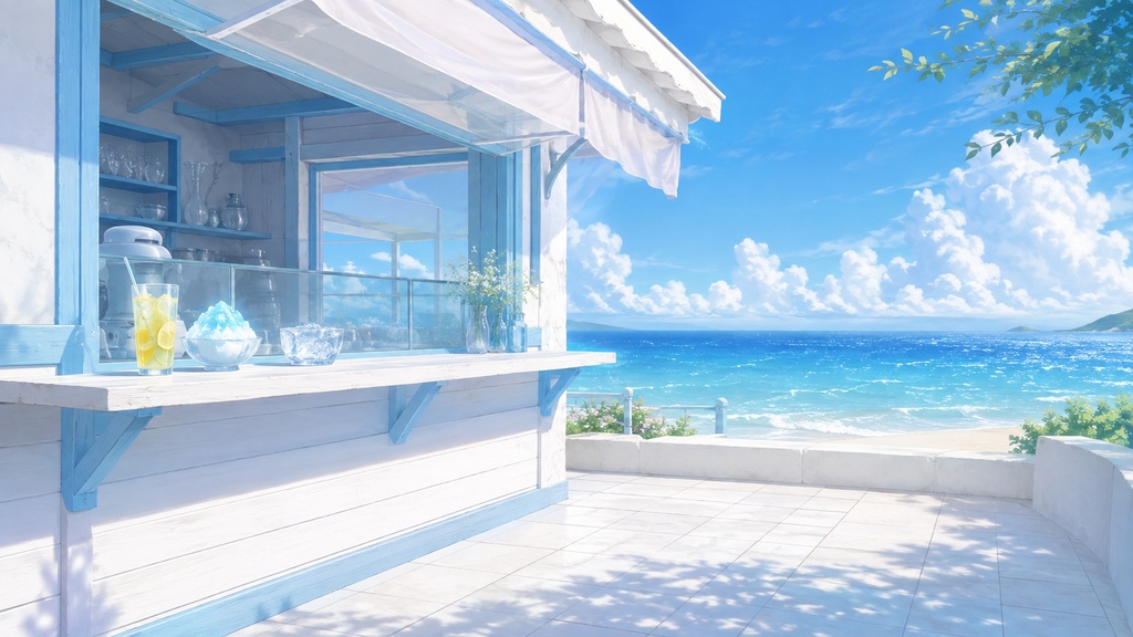 海辺のアイス・かき氷ショップ｜VTuber配信背景【無料配布】