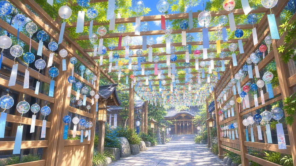 風鈴回廊のある神社|VTuber配信背景【無料配布】