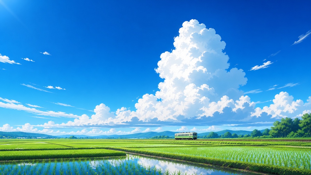 入道雲の下を走る夏のローカル線|VTuber配信背景【無料配布】