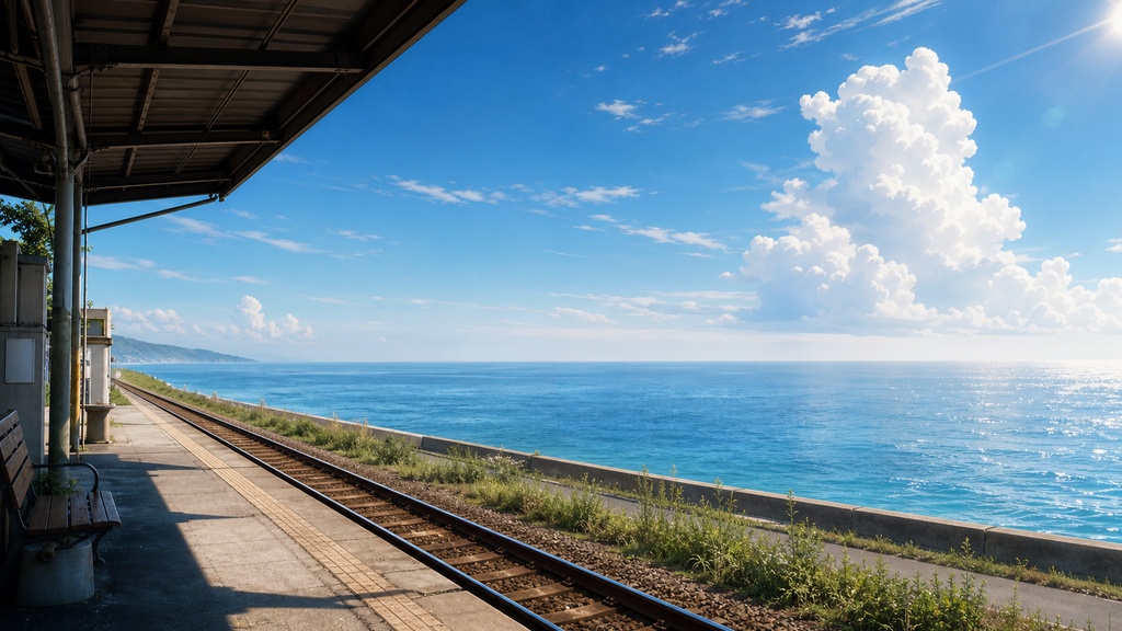 海を望む夏の無人駅|VTuber配信背景【無料配布】