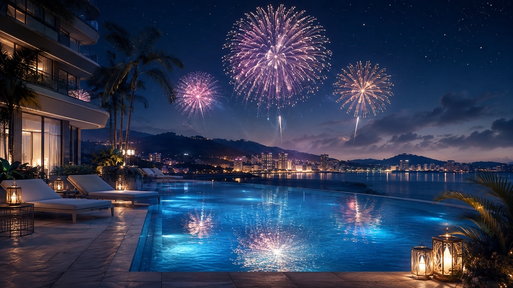 ナイトプールと夏夜花火|VTuber配信背景【無料配布】