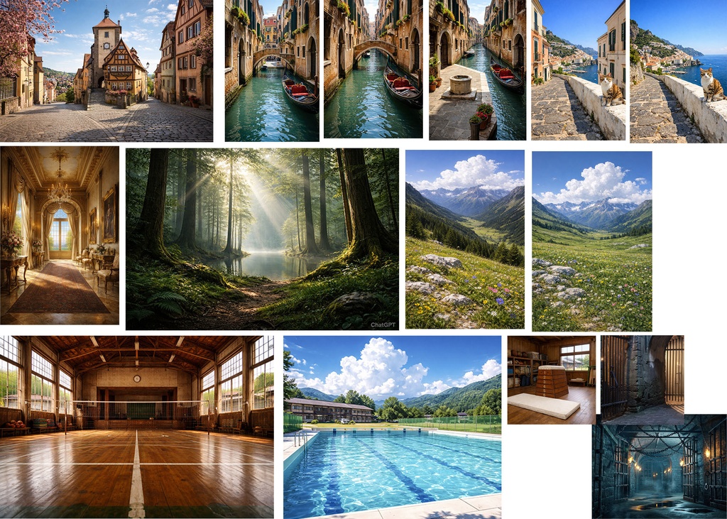 無料　背景　AI作成　ヨーロッパの風景　自然　学校　色々入ったお試し版