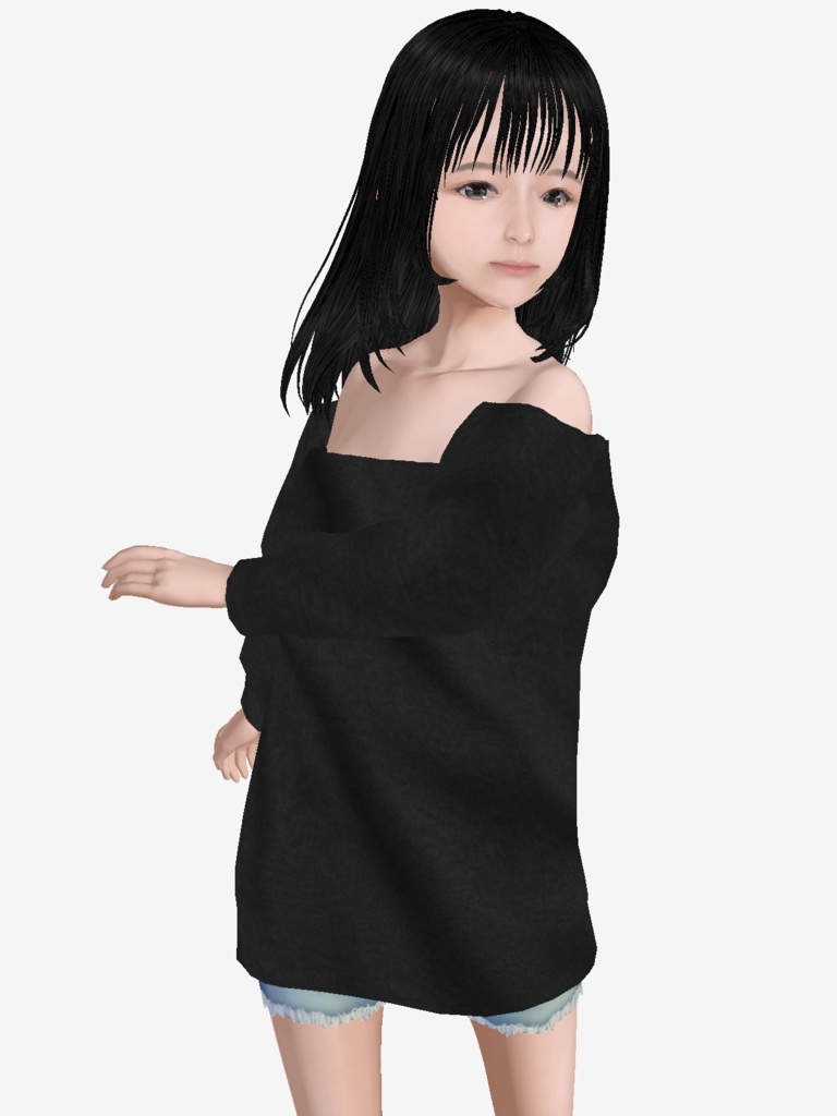 適度なリアル感の着せ替えドール 黒髪の女の子 シンメトリー 素体 vroidデータ VRMデータ