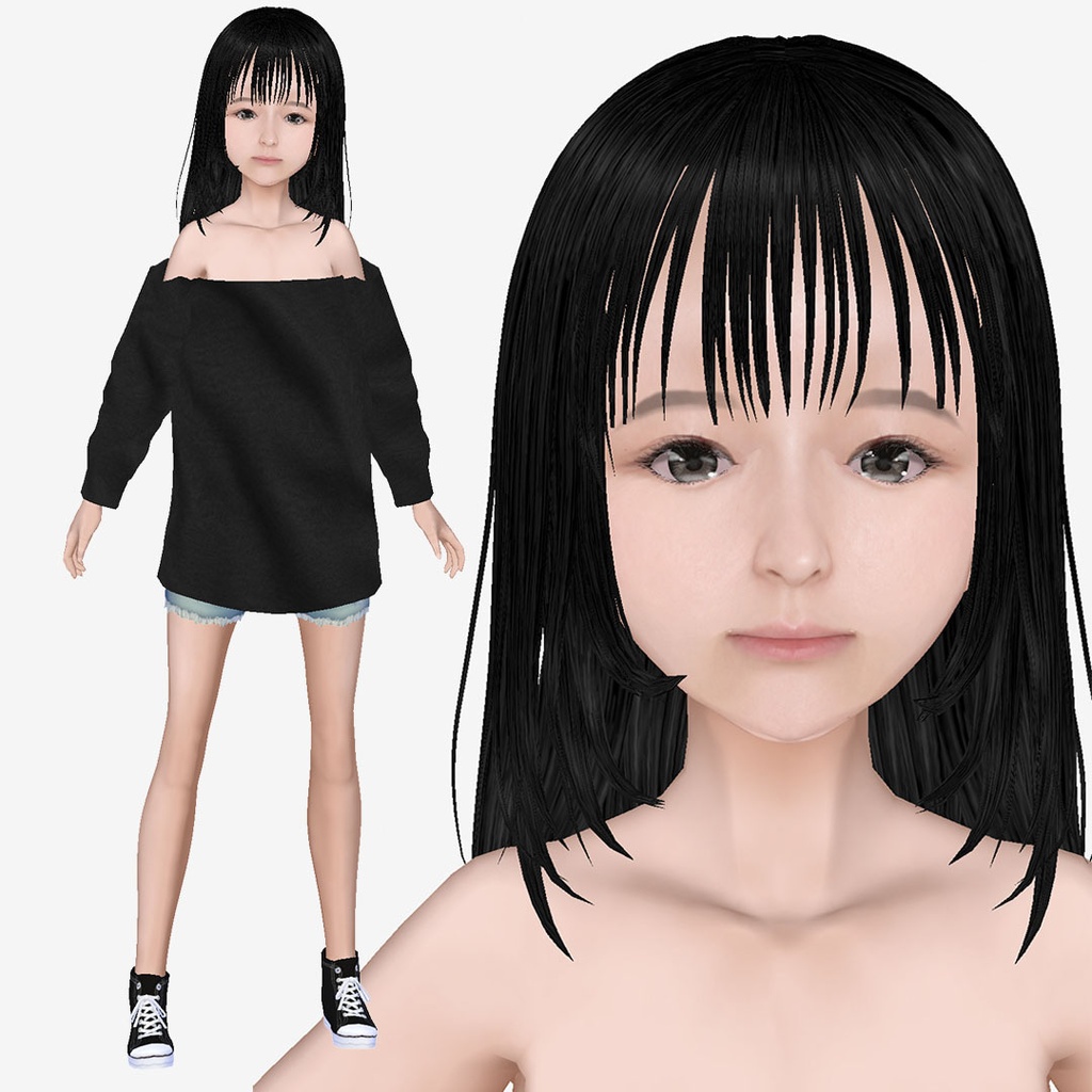 適度なリアル感の着せ替えドール 黒髪の女の子 シンメトリー 素体 vroidデータ VRMデータ