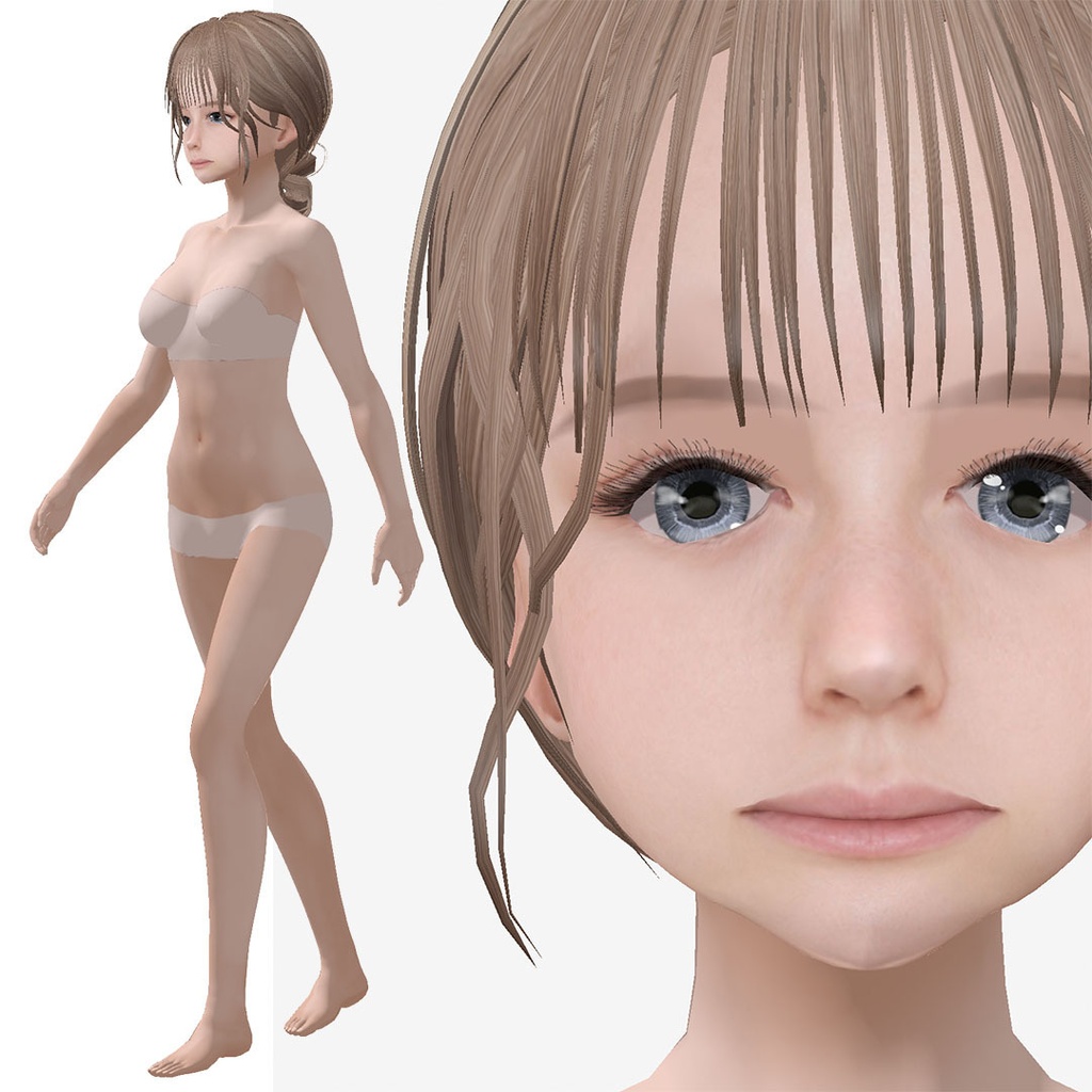 適度なリアル感の着せ替えドール 色白の女の子 ブロンド+黒髪 シンメトリー 素体 vroidデータ VRMデータ