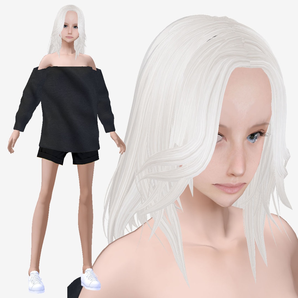 適度なリアル感の着せ替えドール　ホワイトヘアの女の子　+ベージュヘア、まとめ髪　素体 vroidデータ　VRMデータ
