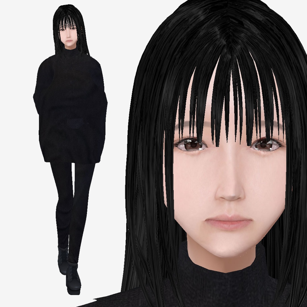 適度なリアル感の着せ替えドール　モード系黒髪ロングの女の子　シンメトリー　素体 vroidデータ　VRMデータ　cluster VR chat