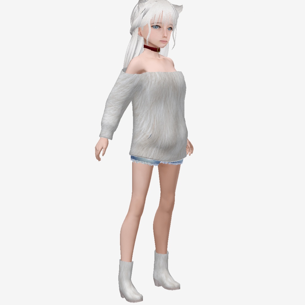 VRoid用　衣装　　ふわふわのオフショルダーシャギーニット+トレーナー+黒いニット　ふわふわブーツ　トップス　リアル系