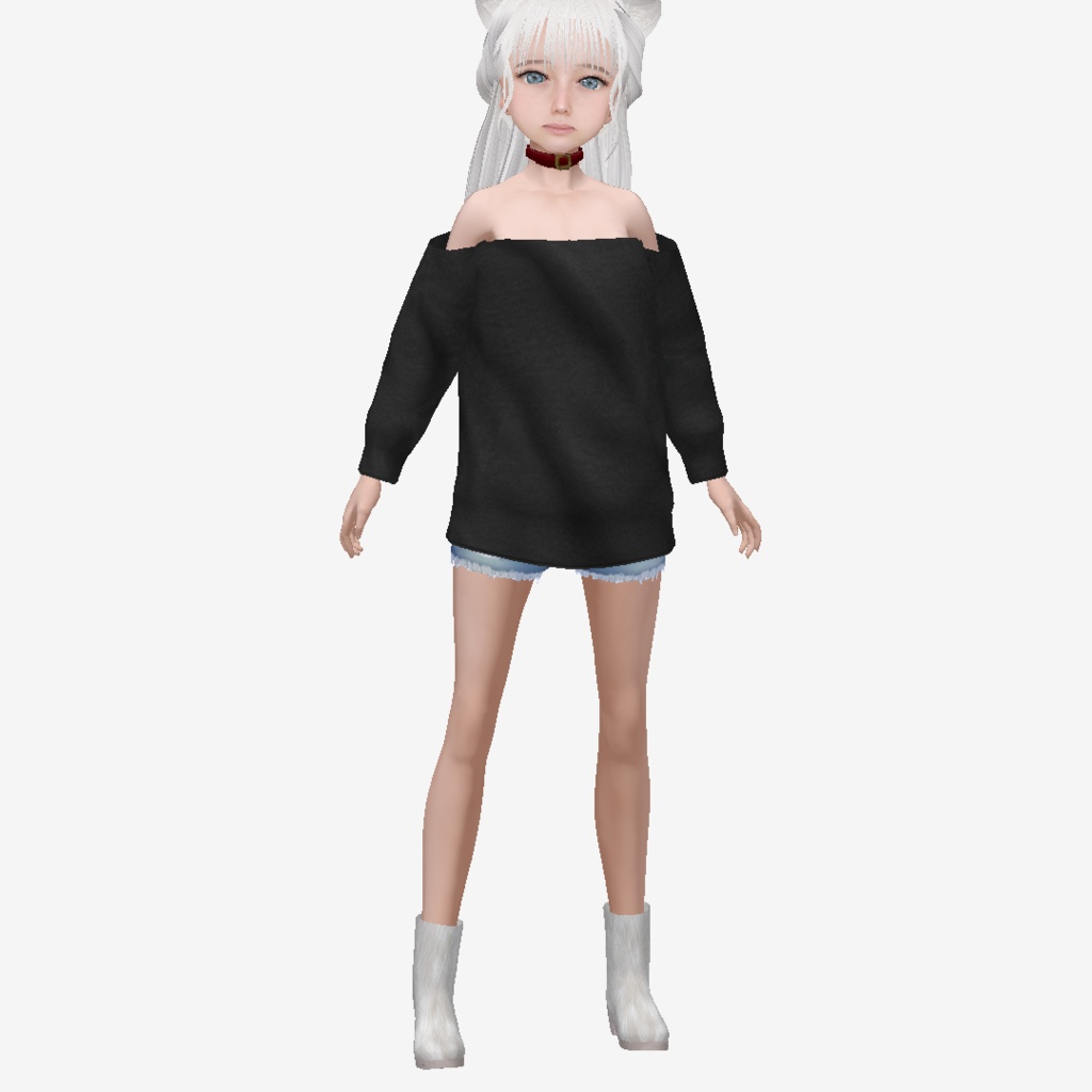 VRoid用 衣装 ふわふわのオフショルダーシャギーニット+トレーナー+黒いニット ふわふわブーツ トップス リアル系