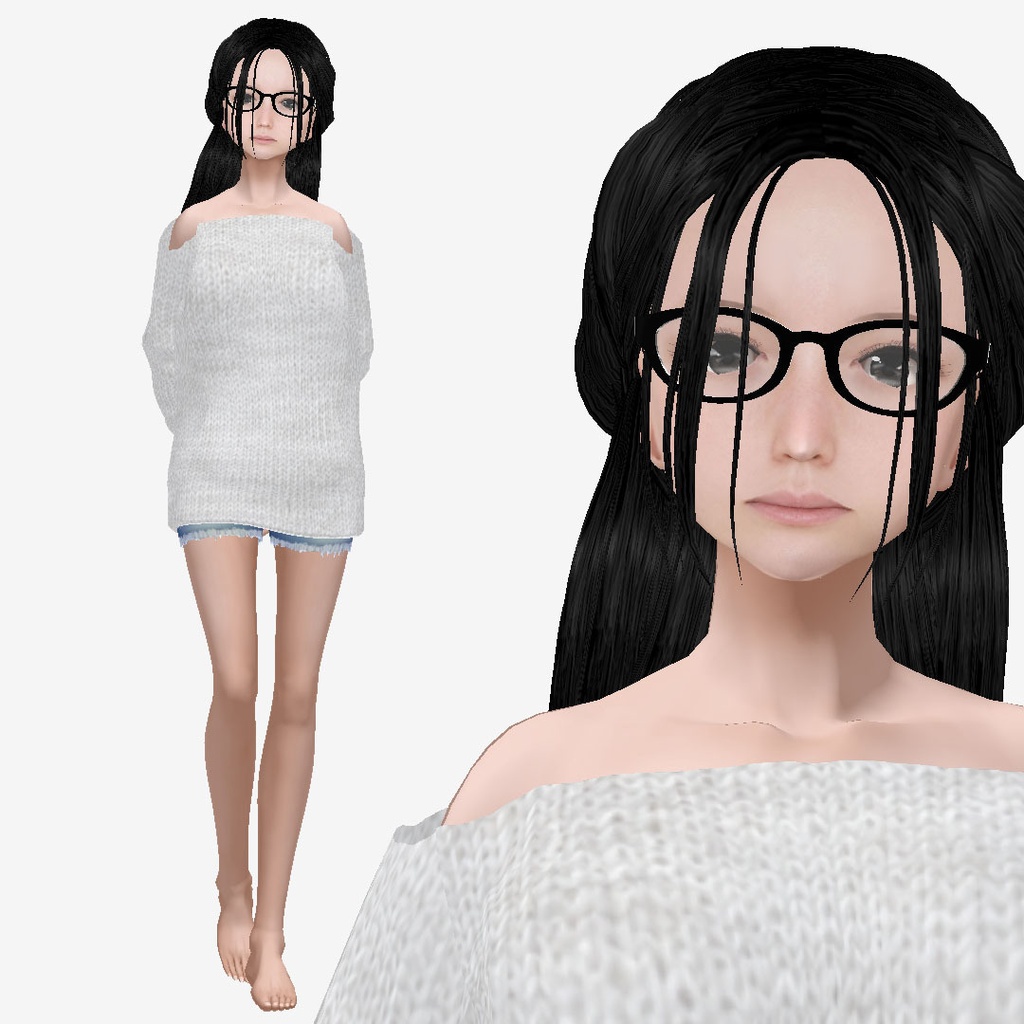 適度なリアル感の着せ替えドール　眼鏡のハーフアップの女の子　各種ヘアースタイル　衣装付き素体 vroidデータ　VRMデータ　cluster VR chat
