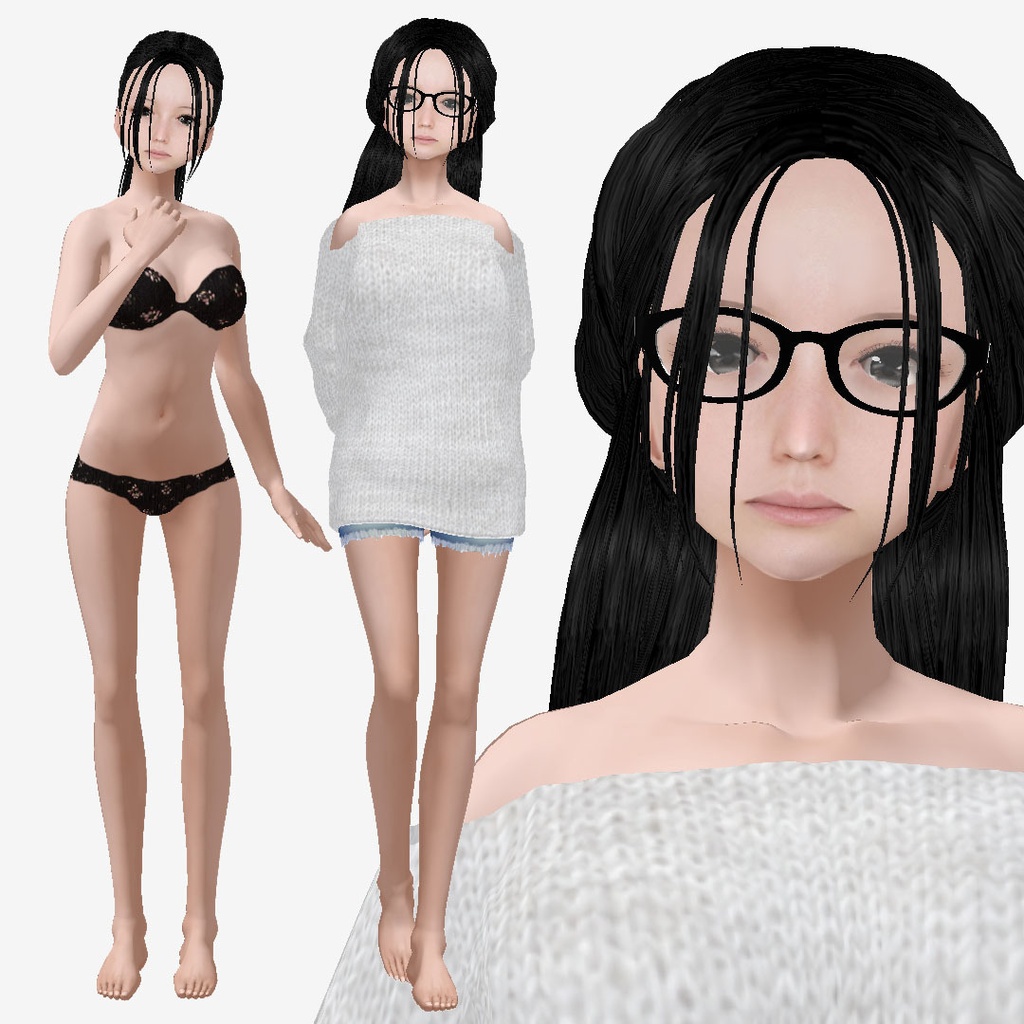 適度なリアル感の着せ替えドール 眼鏡のハーフアップの女の子 各種ヘアースタイル 衣装付き素体 vroidデータ VRMデータ cluster VR chat