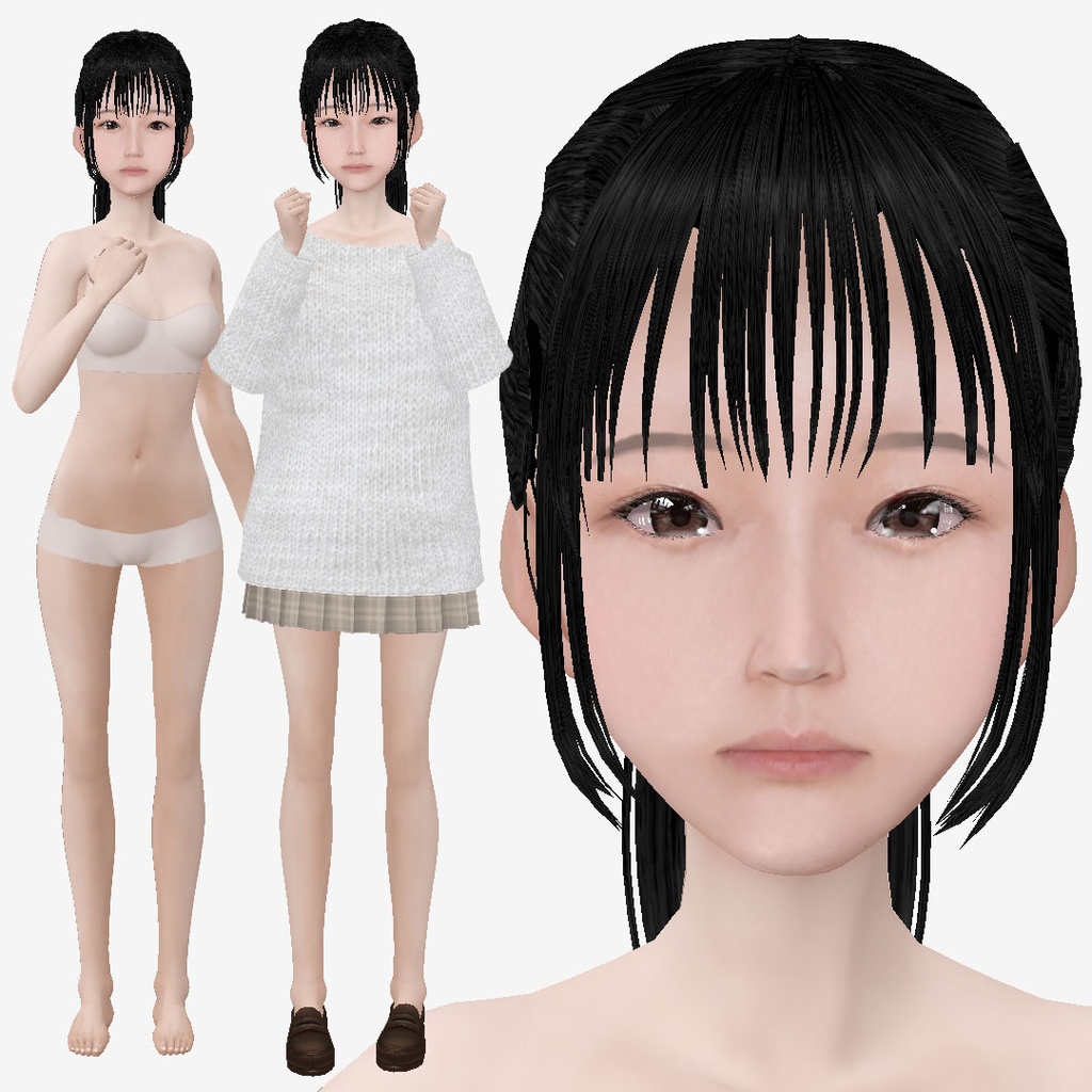 適度なリアル感の着せ替えドール ポニーテールの女の子 衣装付き素体 vroidデータ VRMデータ cluster VR chat