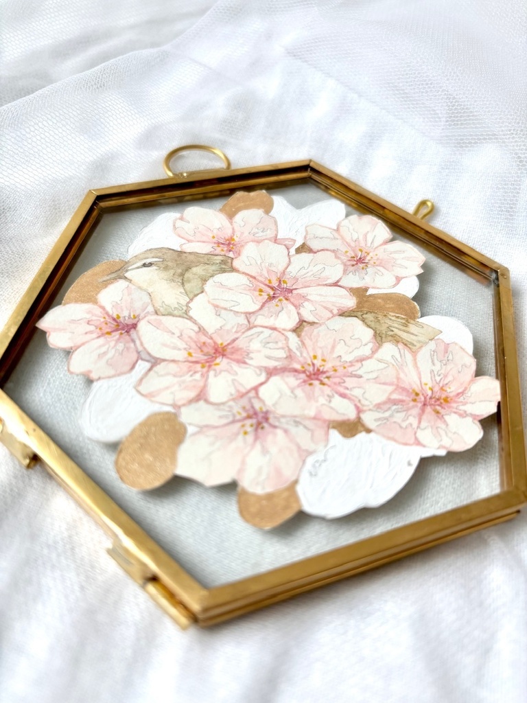 額装原画「春を呼ぶ鳥」メジロ・うぐいす