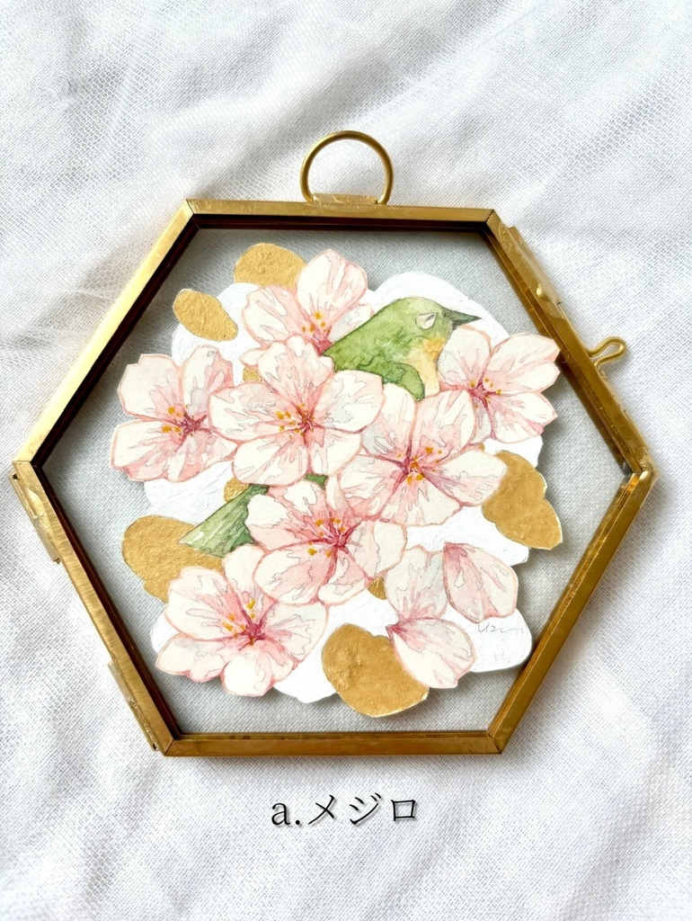 額装原画「春を呼ぶ鳥」メジロ・うぐいす