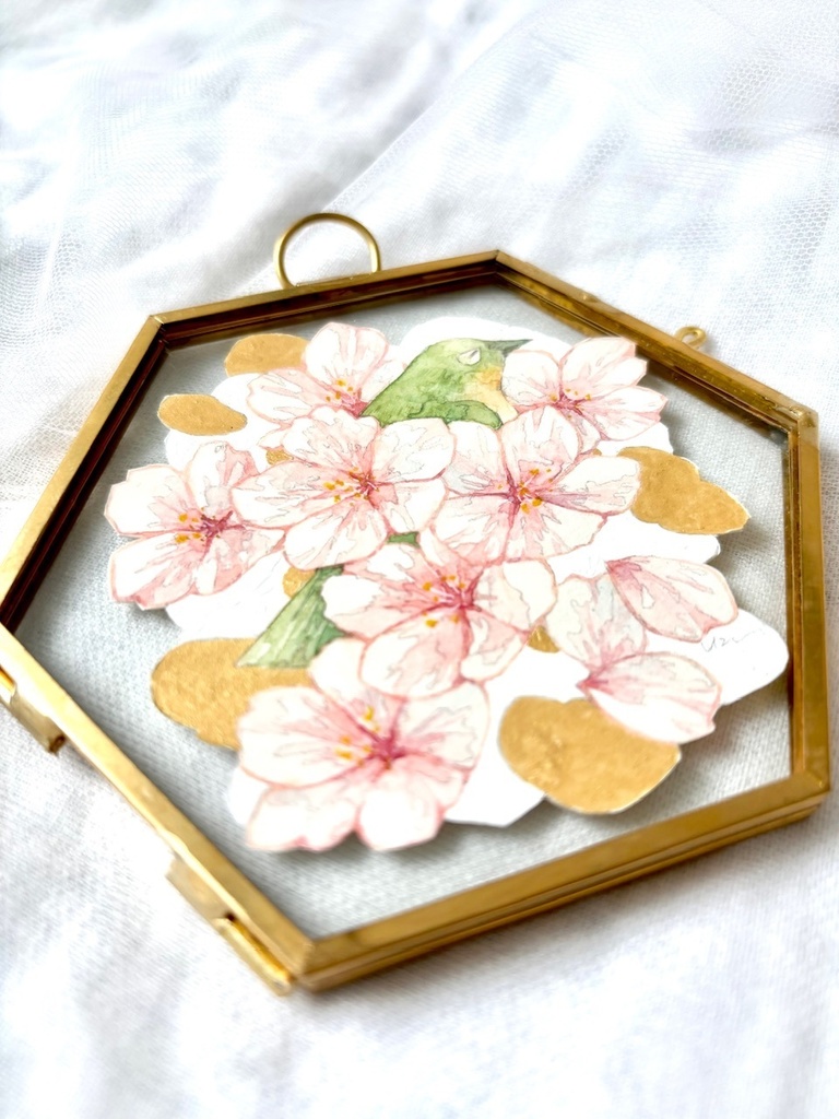 額装原画「春を呼ぶ鳥」メジロ・うぐいす