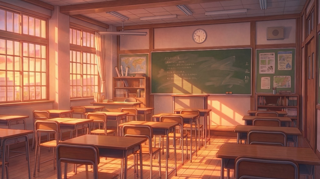 【背景素材】アニメ風の教室（昼・夕・夜差分セット）/ 4K / ゲーム・動画用