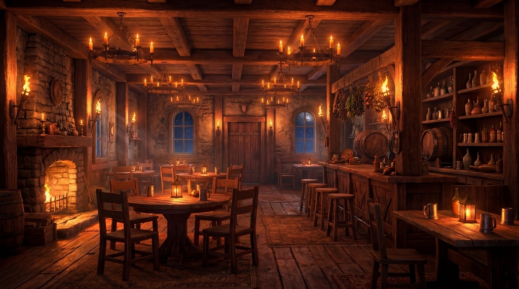 【背景素材】ファンタジー酒場（昼・夜差分セット）/ 4K / RPG・動画用