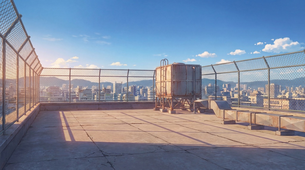 【背景素材】学校の屋上（昼・夕・夜差分セット）/ 4K / ノベルゲーム・動画用
