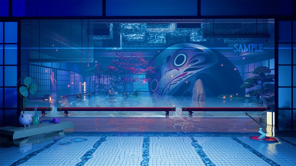 動く背景素材:水浸しの和風の庭【Vtuber向け】