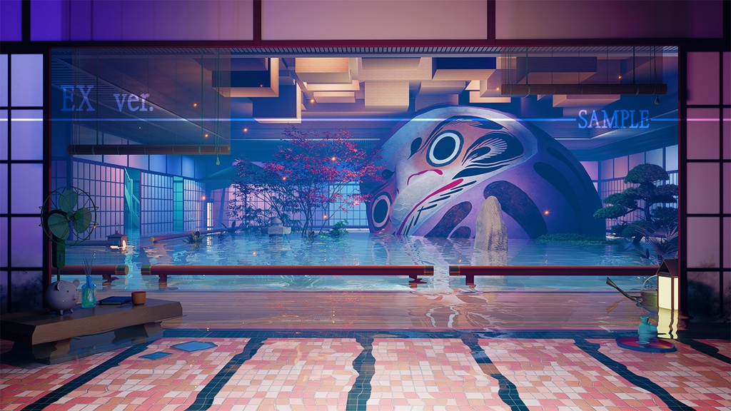 動く背景素材:水浸しの和風の庭【Vtuber向け】