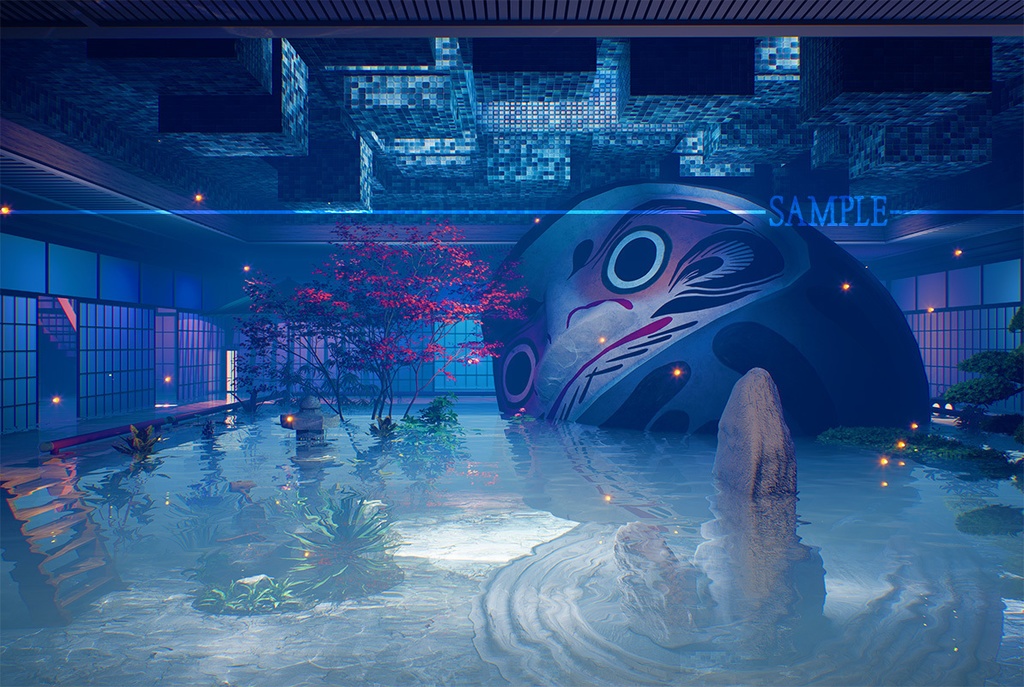 動く背景素材:水浸しの和風の庭【Vtuber向け】