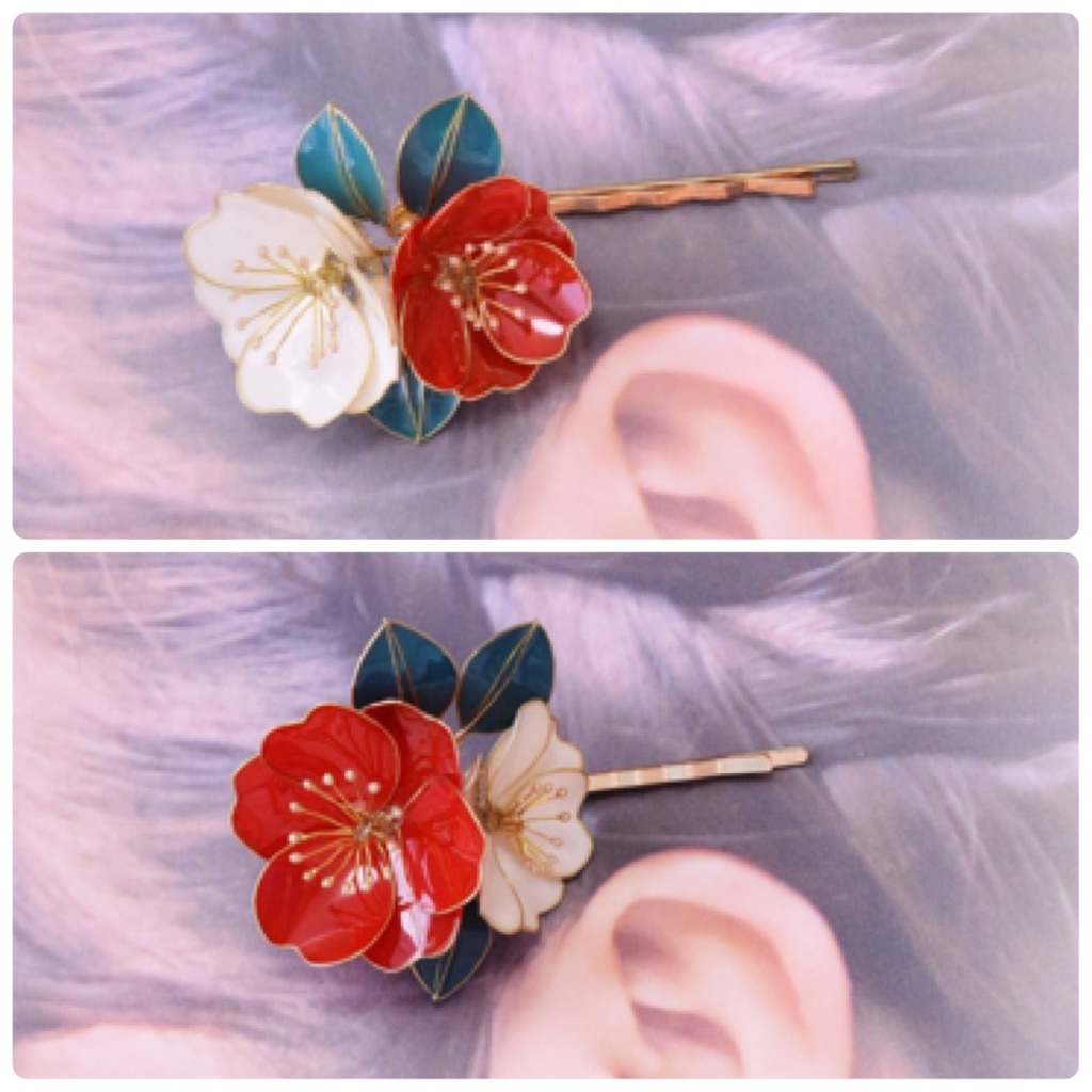 紅白の椿のヘアピン 和装、着物の髪飾りに