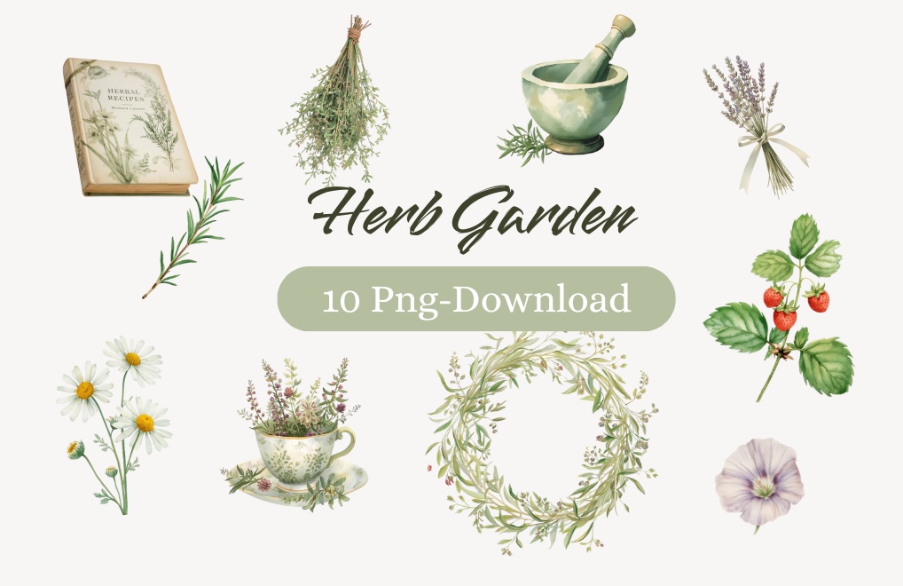 ハーブガーデンシリーズ|水彩画アンティーク可愛いクリップアート10点セット(PNG形式)