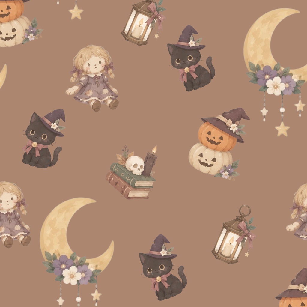 「魔女たちのハロウィンナイト」パターン素材・デジタルペーパー 6種セット|小さな魔法と月夜のデザインペーパー|背景素材・デジタル手帳・壁紙・ラッピング