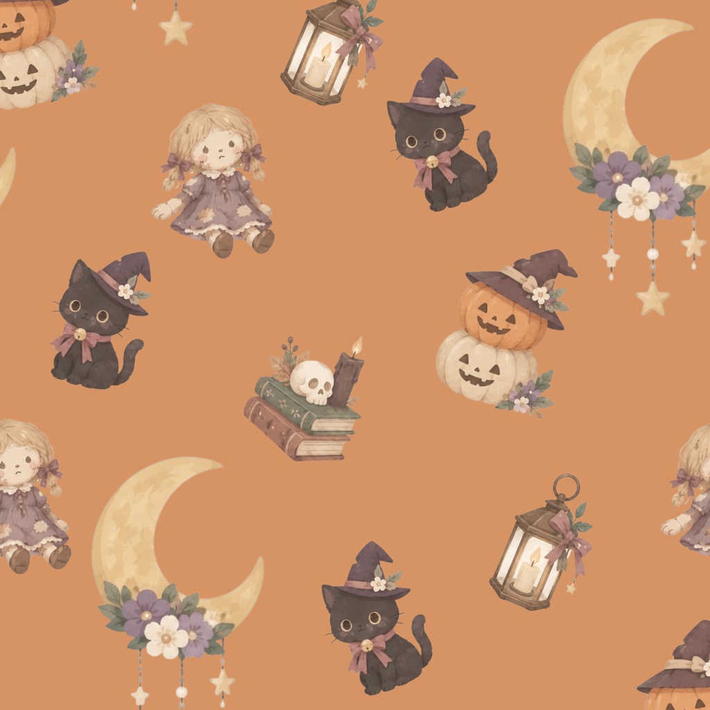「魔女たちのハロウィンナイト」パターン素材・デジタルペーパー 6種セット|小さな魔法と月夜のデザインペーパー|背景素材・デジタル手帳・壁紙・ラッピング