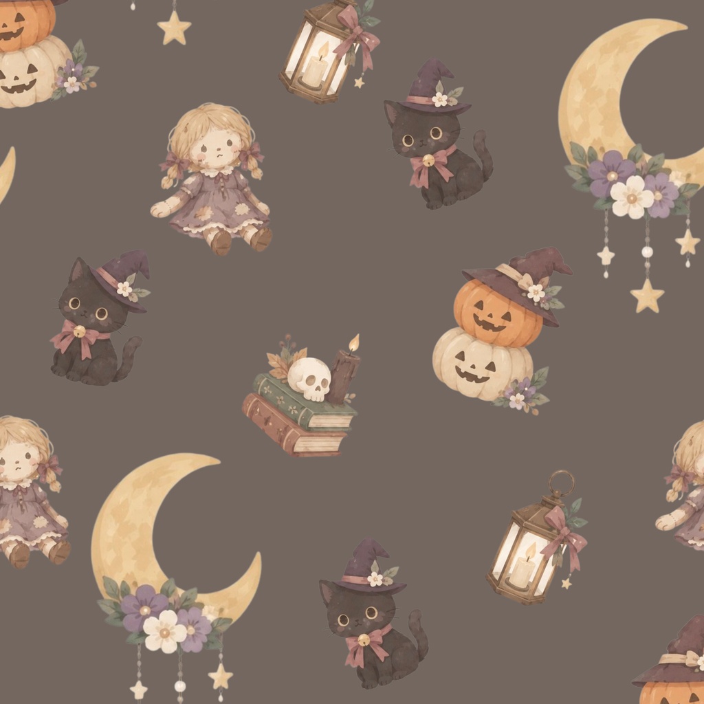 「魔女たちのハロウィンナイト」パターン素材・デジタルペーパー 6種セット|小さな魔法と月夜のデザインペーパー|背景素材・デジタル手帳・壁紙・ラッピング