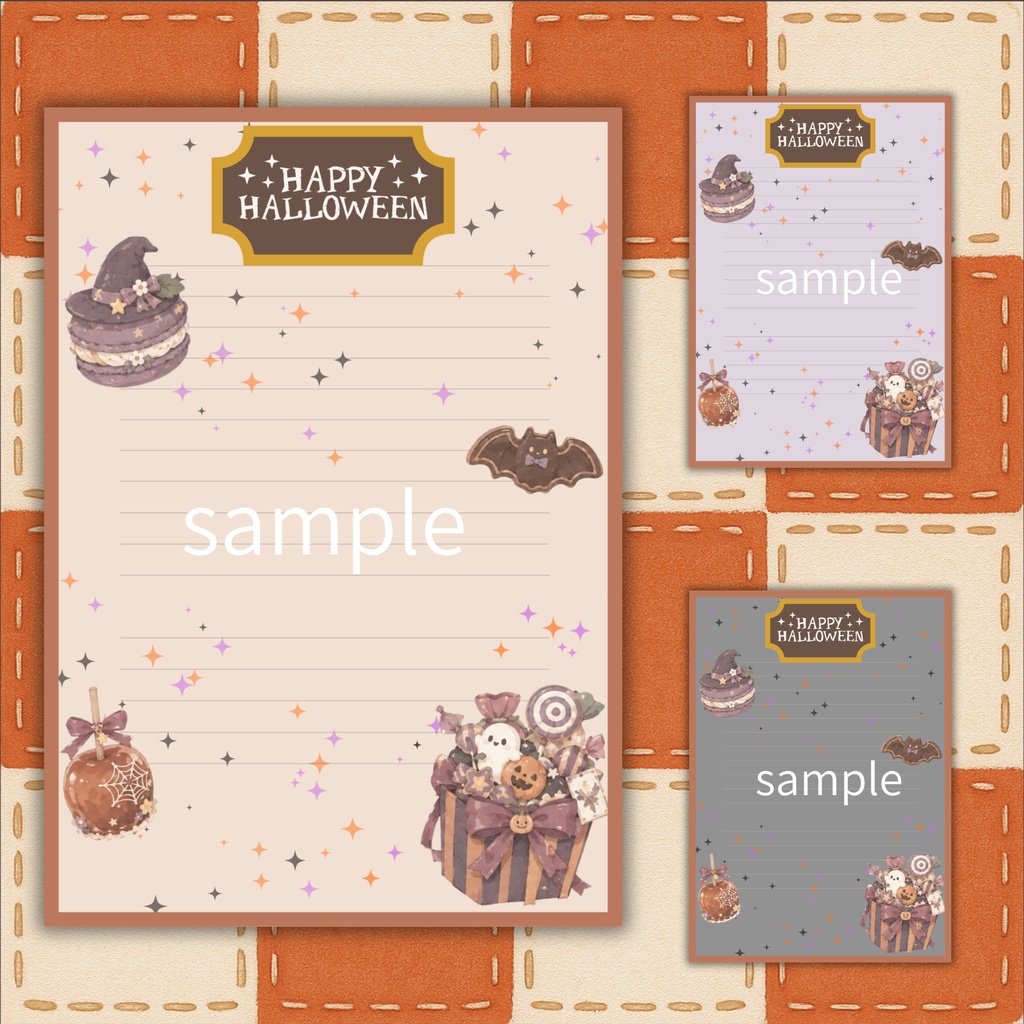 「おばけとお菓子のハロウィンパーティー」デザインペーパー3種&お手紙3種&メモ6種セット|ハロウィン・お菓子・かぼちゃのデジタルペーパー&レターセット|コラージュ・手帳・メッセージカード