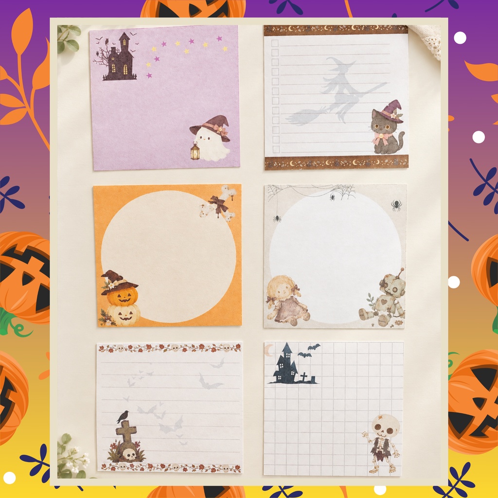 「月夜のハロウィンパーティー」メモ6種セット|おばけ・魔女・かぼちゃ・黒猫・骸骨のかわいいハロウィンメモ|手帳・おすそ分け・メッセージ
