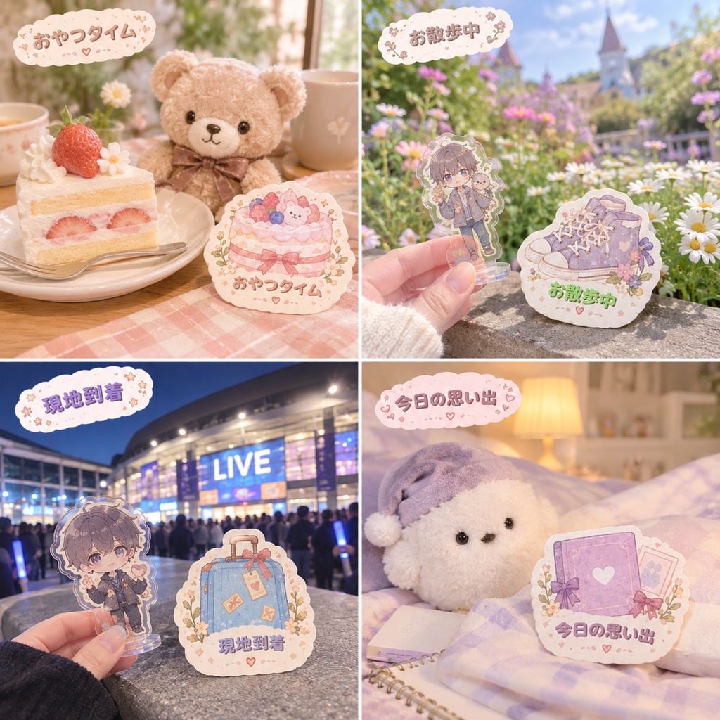 「推し活♡おでかけ日和」ダイカットカード12種セット|ぬい活・アクスタ・推し活に使えるかわいいメッセージカード|撮影・記念日・おでかけ