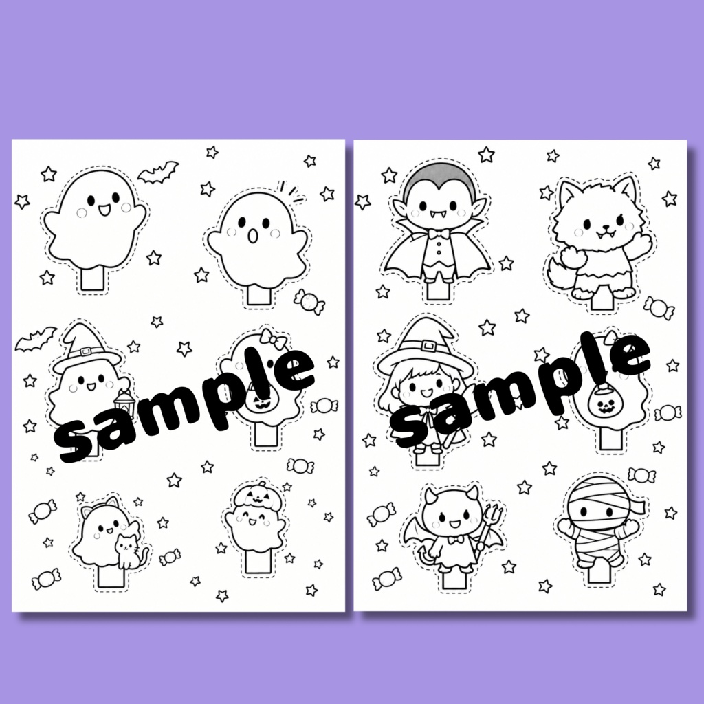 ハロウィンのふしぎな世界|塗り絵&切り取り工作セット・全10ページ【A4 PDF】