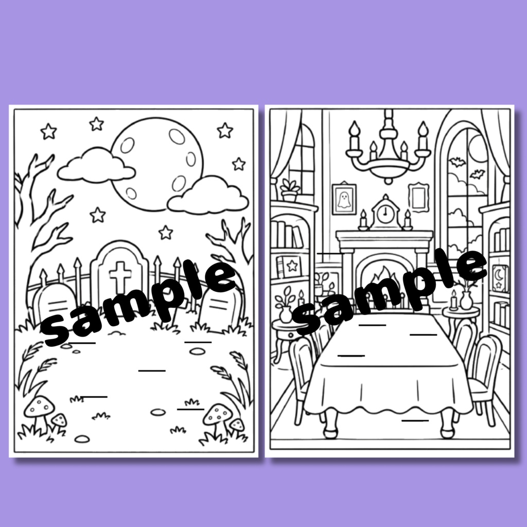 ハロウィンのふしぎな世界|塗り絵&切り取り工作セット・全10ページ【A4 PDF】