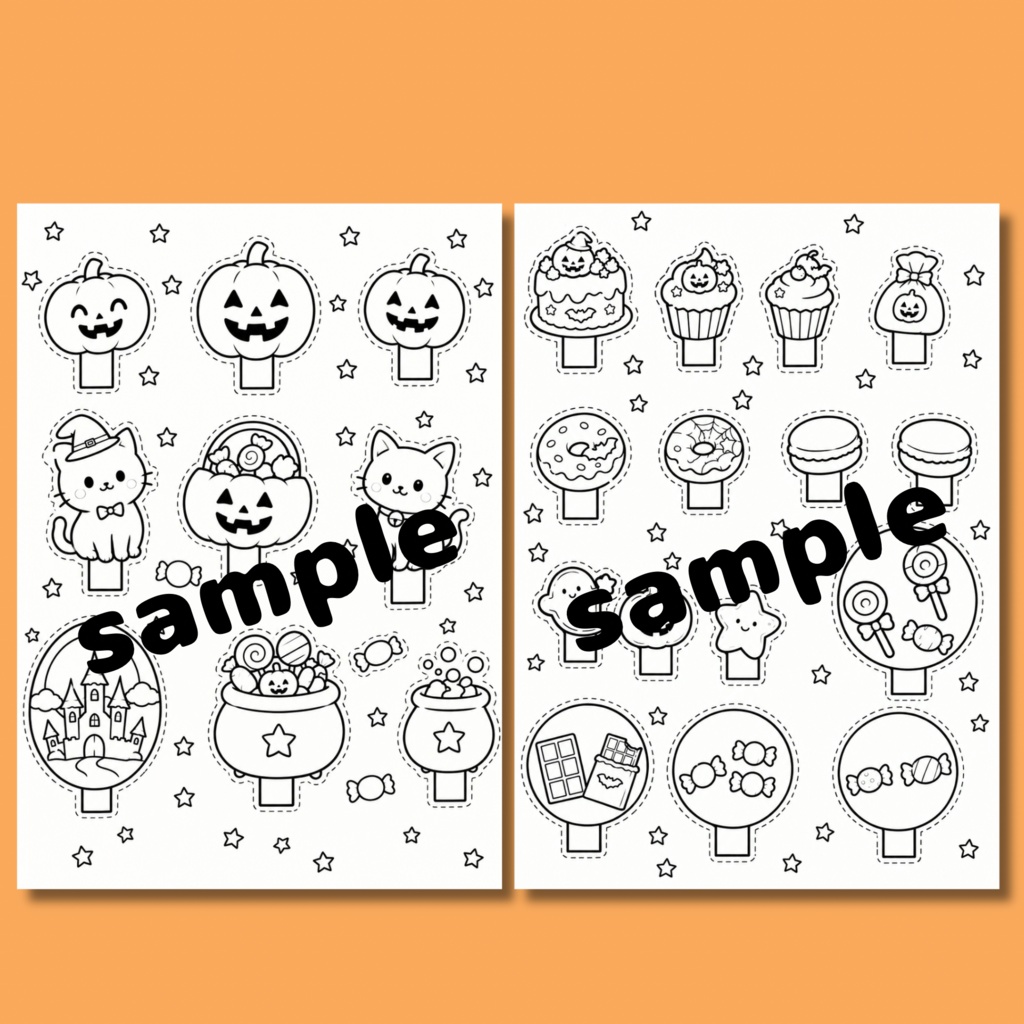 ハロウィンのふしぎな世界|塗り絵&切り取り工作キット・全10ページ分【印刷済み】