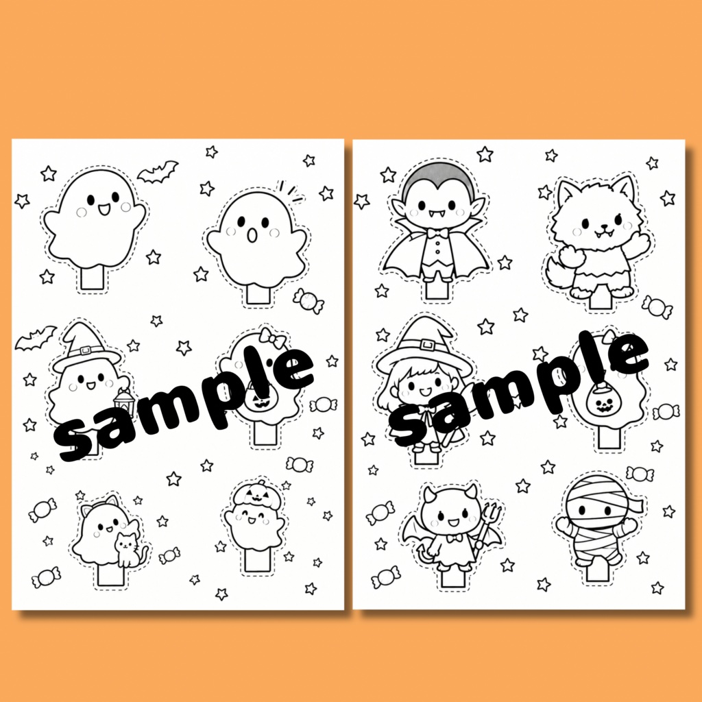 ハロウィンのふしぎな世界|塗り絵&切り取り工作キット・全10ページ分【印刷済み】