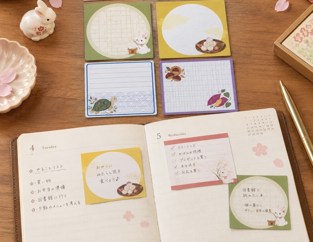 「秋うらら 和の実り」メモ6種セット|うさぎ・栗・さつまいも・お月見の和風メモ|手帳・おすそ分け・メッセージ|各4枚・24枚