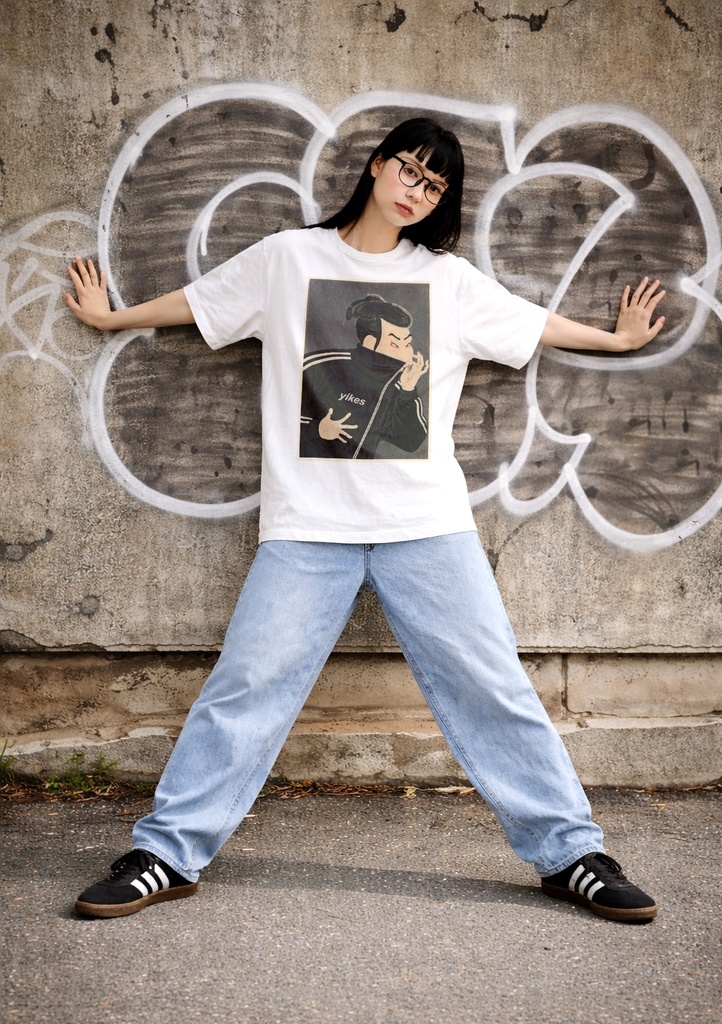ネオトーキョー絵 写楽 パロディ ホワイトTシャツ 7.4オンス オーバーサイズ / Neo-Tokyo Art / Sharaku Parody White T-Shirt (7.4 oz, Oversized)