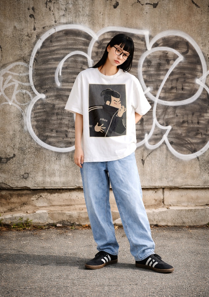 ネオトーキョー絵 写楽 パロディ ホワイトTシャツ 7.4オンス オーバーサイズ / Neo-Tokyo Art / Sharaku Parody White T-Shirt (7.4 oz, Oversized)